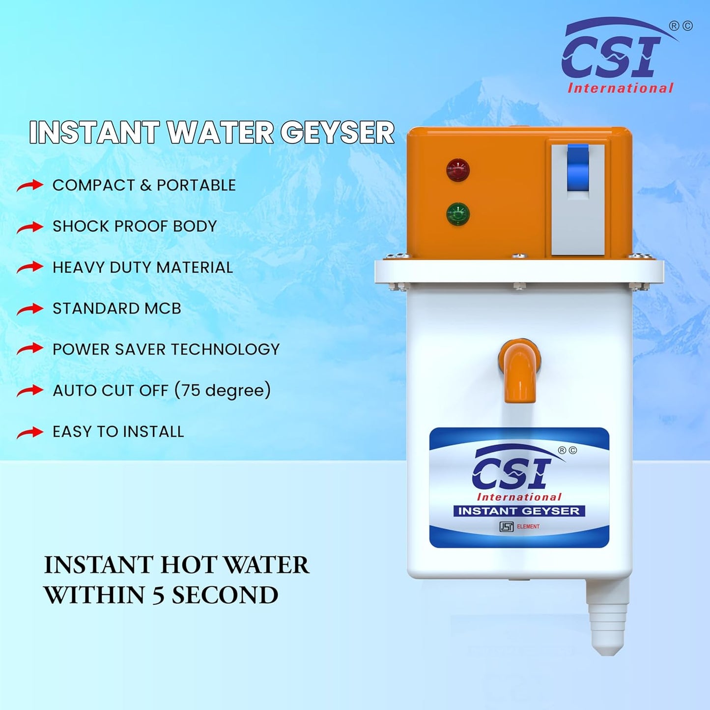 CSI 1L Instant Electric Geyser With MCB (Square Desgine )| Pure Copper Heating Element (3000W)